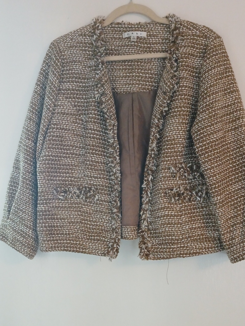 CAbi Brown and Cream Tweed Fringe Open-Front Cardigan Jacket